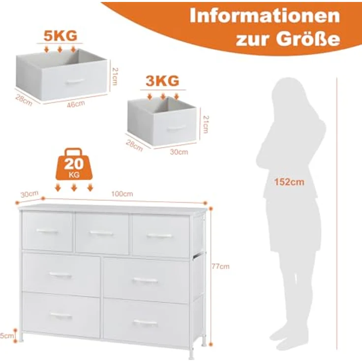 DUMOS Kommode für Schlafzimmer mit 7 Stoffschubladen hohe Kommode Organizer für Kleidung Schrank Kinderzimmer Aufbewahrungsturm mit Schrank Metallrahmen Holzplatte leichte Kinderzimmermöbel – Bild 4