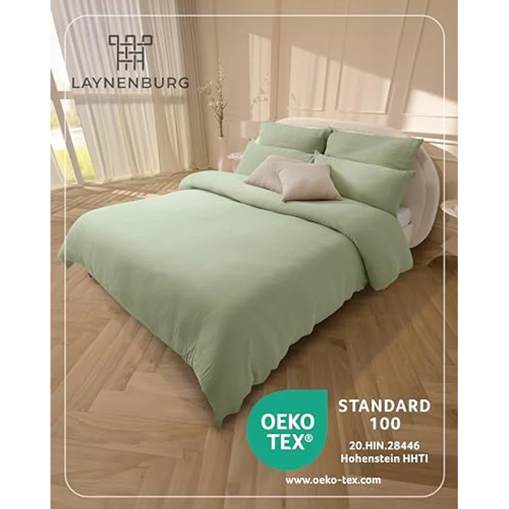 Laynenburg Bettwäsche Musselin aus 100% Baumwolle in 135x200 oder 155x220 cm, atmungsaktiv & bügelfrei – 3 lagig mit Reißverschluss & Haltebändern – Bild 3