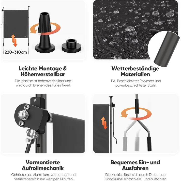 Strattore Ausziehbare Klemmmarkise / Senkrechtmarkise höhenverstellbar 100 x 310 cm - Anthrazit – Bild 8