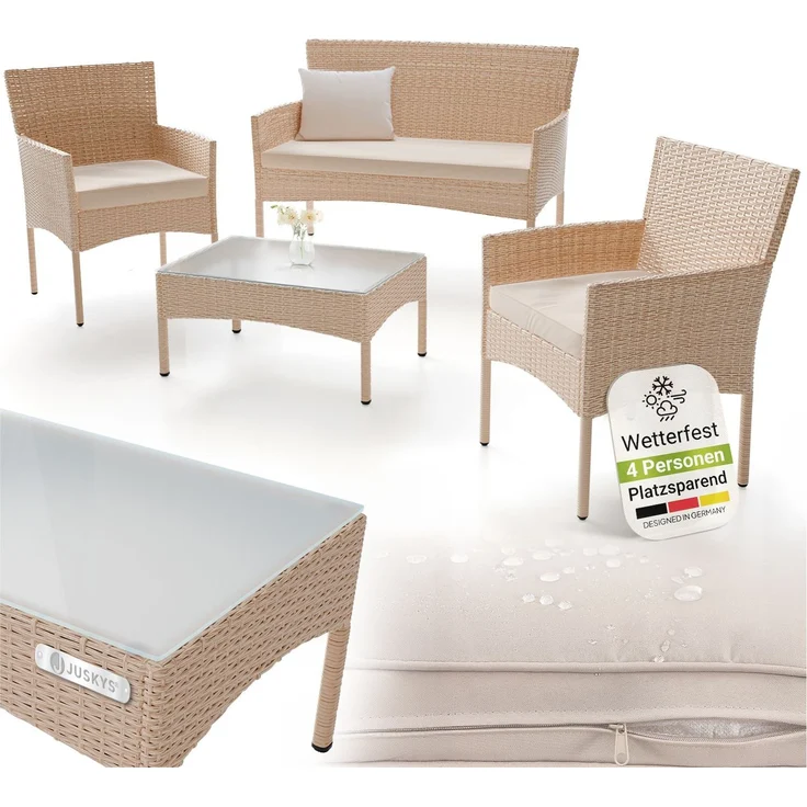 Juskys Polyrattan Gartenmöbel-Set Fort Myers creme – Sitzgruppe mit Tisch, Sofa & 2 Stühlen - Balkonmöbel für 4 Personen mit sandfarbigen Auflagen – Bild 1