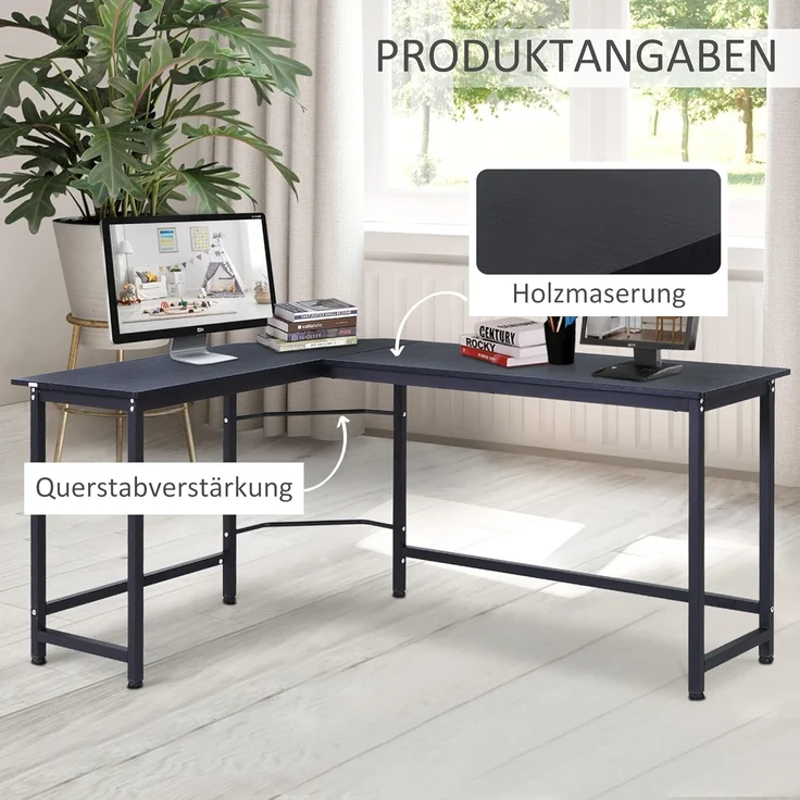Vinsetto Eckschreibtisch höhenverstellbarer Schreibtisch (PC-Tisch, 1-St, Computertisch), Metall Schwarz 168 x 120 x 75 cm – Bild 6