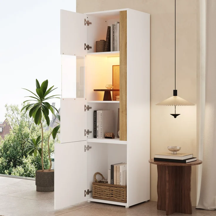 Vitrine, Aufbewahrungsmöbel, hoher Schrank mit LED-Beleuchtung, 2 Türen (eine davon aus Acryl), Geeignet für Wohnzimmer, Büros und Küchen, Weiß+Natural, Maße: B50 x T40 x H179 cm.--Natur + Weiß--50x40x179cm--YOUDENOVA – Bild 7