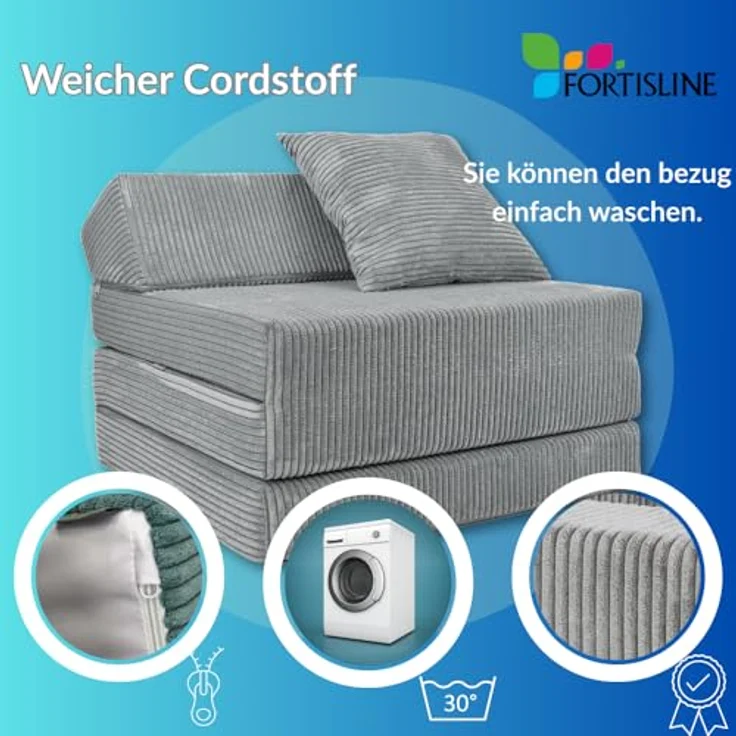 Klappmatratze Klappmatratze mit Kopfteil aus Cord, FORTISLINE, Klappbar, als Sitzmöglichkeit nutzbar, Bezug abnehmbar und waschbar – Bild 8