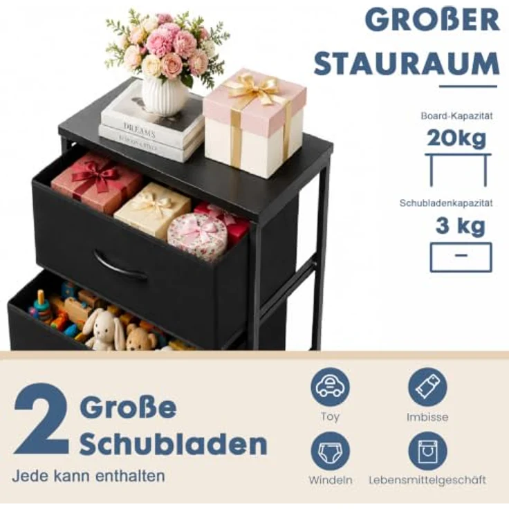 DUMOS Kommode 2er Set für Schlafzimmer mit Stoffschubladen hohe Organizer für Kleidung Schrank Kinderzimmer Aufbewahrungsturm mit Schrank Metallrahmen Holzplatte leichte (Schwarz) – Bild 5