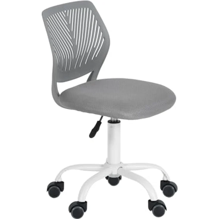 FurnitureR Bürostuhl für Teenager, Mädchen, 360° drehbar, niedrig, mittelgroß, PP-Mesh-Rückseite, Stoff, höhenverstellbar, Rollrolle, Stoff grau – Bild 3