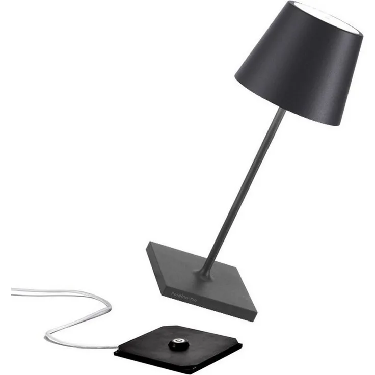 Zafferano Poldina Pro Mini - Dimmbare LED-Tischlampe aus Aluminium, Schutzart IP54, Verwendung im Innen-/Außenbereich, Kontaktladestation, H30cm, EU-Stecker (Dunkelgrau)