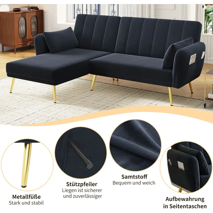 Merax Modernes Klappsofa, L-förmiges Sofa, Schlafsofa mit Zusatzecke, Ecksofa mit Schlaffunktion, Schwarz – Bild 5