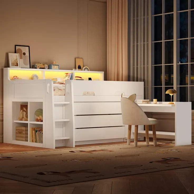 Hochbett mit Schreibtisch, Stauraum, LED-Streifen, Lattenrost, Regalen, Schubladen, Rausfallschutz, USB und Leiter, 90x200 cm, Kinderbett, Kiefer – Bild 3