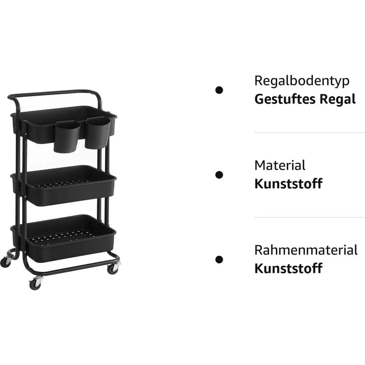 SONGMICS Rollwagen, 3 Ebenen, Servierwagen, Küchenwagen mit Griff, 2 kleine Einhängefächer, 2 Bremsen, Ablagefächer aus Kunststoff, einfacher Aufbau, Schlafzimmer, Waschküche, schwarz BSC067B01 – Bild 9