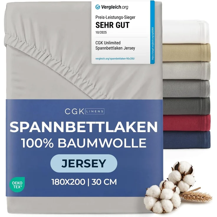 Spannbettlaken Jersey 180x200 cm - 100% Baumwolle weich & atmungsaktiv wärmend - Bettlaken Spannbetttuch mit Rundumgummi für Matratzen bis 30 cm & Boxspringbetten DE - Oeko-Tex zertifiziert - Hellgrau