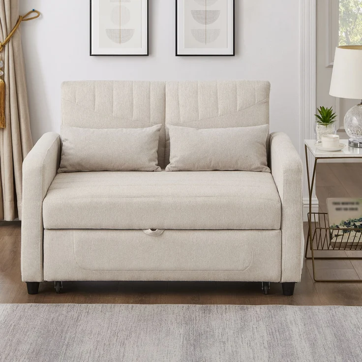 2-Sitzer Schlafsofa ausziehbar Baumwoll-Leinen, verstellbare Rückenlehne, Doppelbett Sofa für Wohnzimmer,Beige – Bild 3