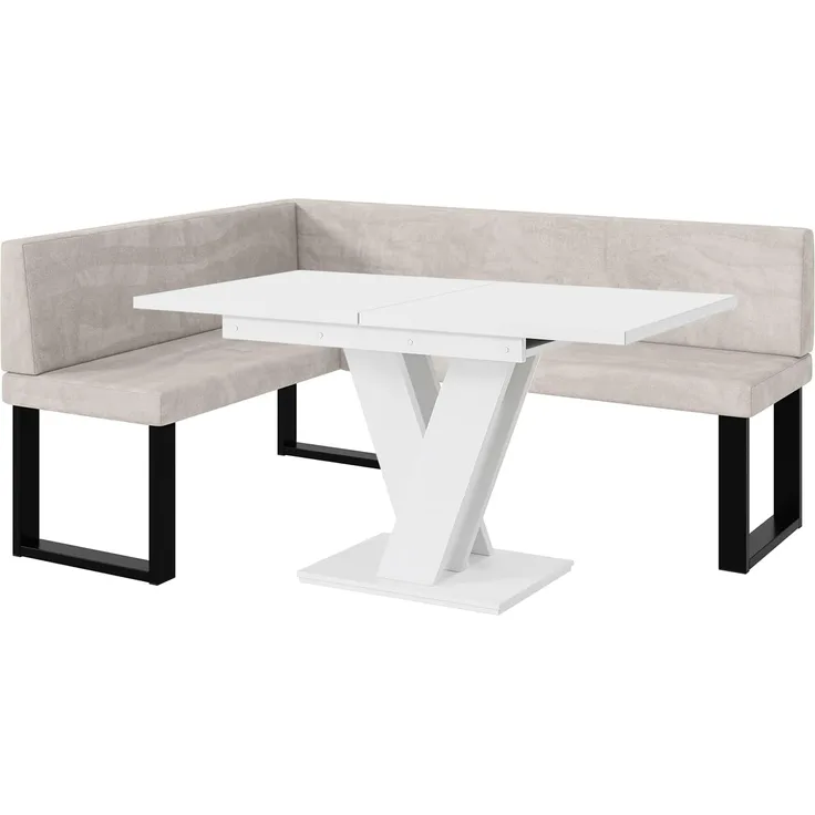 MEBLINI Eckbank für Esszimmer mit ausziehbarem Tisch - Küchenbank - Essecke - Sitzecke Küche - TONI - U-Beine 128x168x87cm Links - Beige Samt/M Weiß Matt
