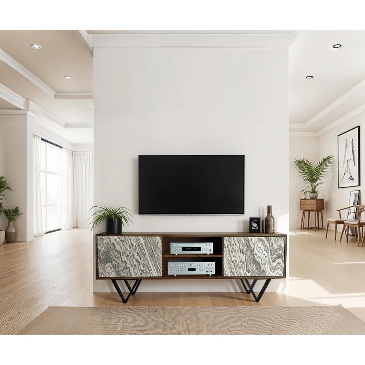FineBuy Lowboard Sheesham Massivholz 150x56x35 cm TV-Kommode mit Steinoptik Weiß, Design TV-Schrank Hoch, Fernsehtisch Fernsehschrank Modern zwei Türen, Fernsehkommode Wohnzimmer mit Metallbeine – Bild 2