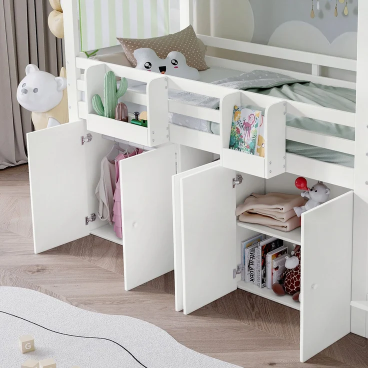 Hochbett mit Lattenrost, Kleiderschrank, Regal und Treppe, 90x200 cm, Hausbett, Kinderbett mit Rausfallschutz, Kiefer – Bild 4