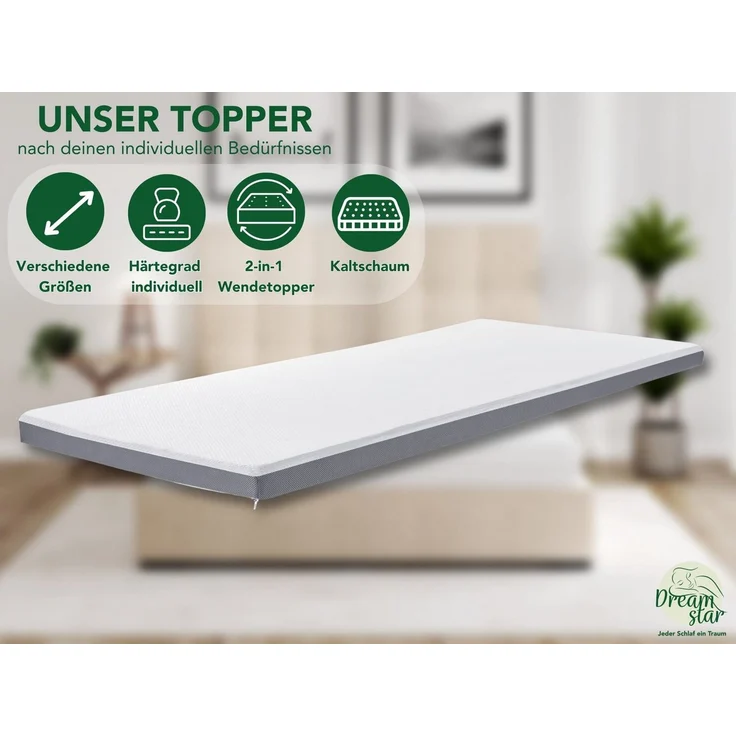 Dreamstar, Topper 7-Zonen Matratzentopper mit Gel-Memory- & Komfortschicht, H2/H3, 8 cm hoch, Komfortschaum, rutschfest, Bezug waschbar - für Matratzen und Boxspringbetten – Bild 1