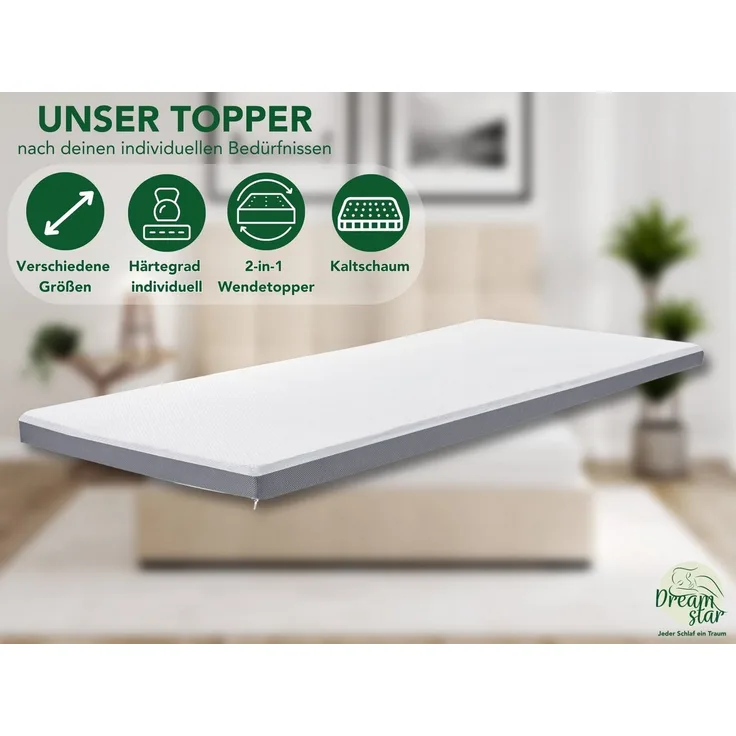 Dreamstar, Topper 7-Zonen Matratzentopper mit Gel-Memory- & Komfortschicht, H2/H3, 8 cm hoch, Komfortschaum, rutschfest, Bezug waschbar - für Matratzen und Boxspringbetten