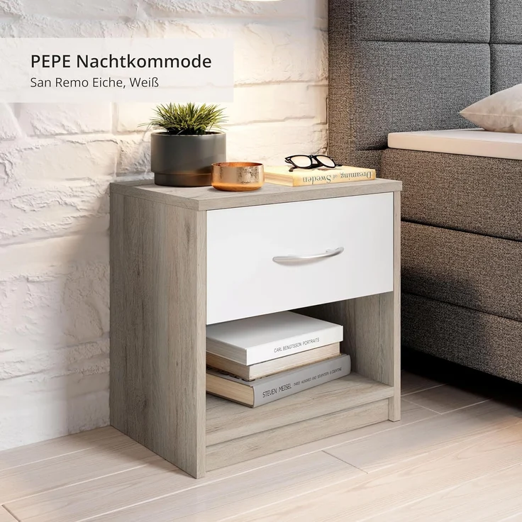 Polpower 'Pepe' Nachttisch, San Remo Optik/weiß, mit 1 Schublade, 39 x 41 x 28 cm – Bild 3