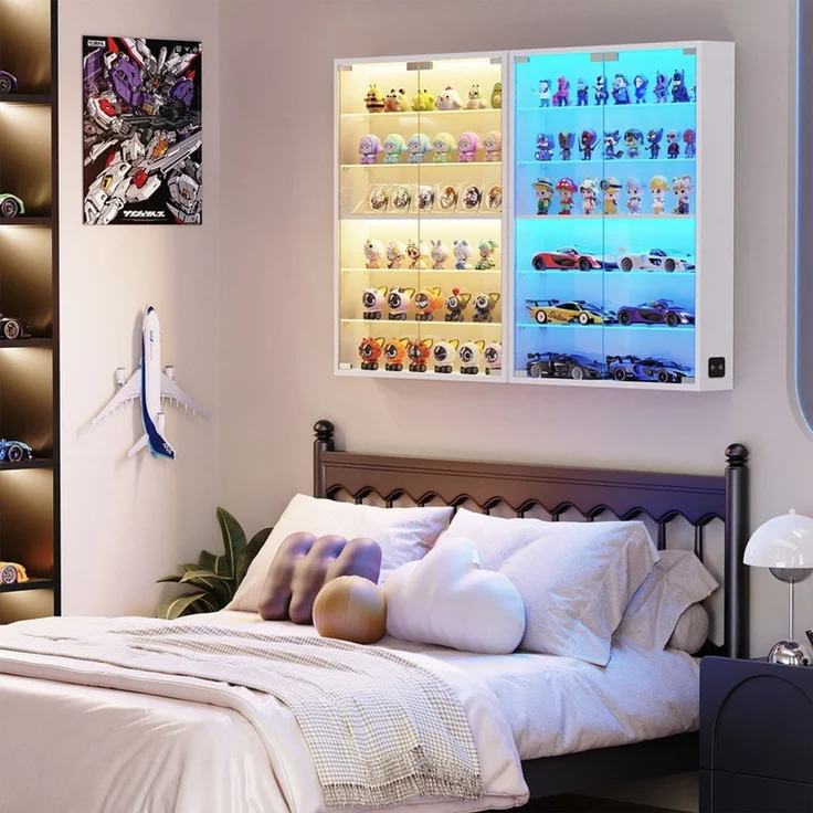 Hängevitrine 60x12x80 cm, Wandvitrine mit 6 verstellbaren Glasböden, LED-Beleuchtung und Sensor, Weiß – Bild 2