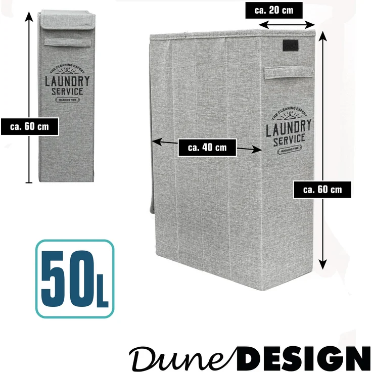 DuneDesign 50L Wäschekorb mit Deckel, Wäschesammler Schmal Grau mit Druck, 20 x 40 x 60 cm – Bild 6