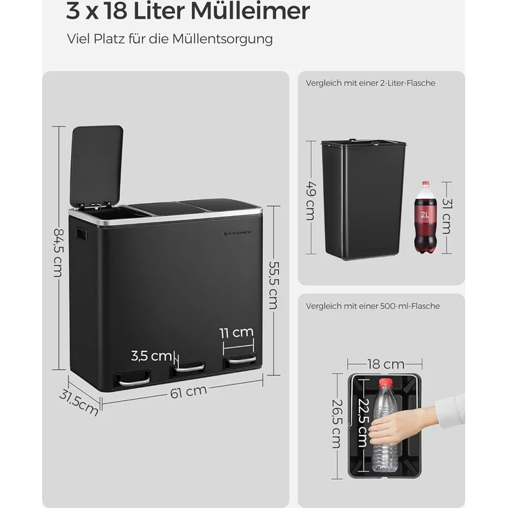 Songmics Mülleimer mit Deckel mit langsamem Verschluss, Inneneimern & Griffen, Schwarz, 3 Fächer, 3x18 Liter – Bild 5
