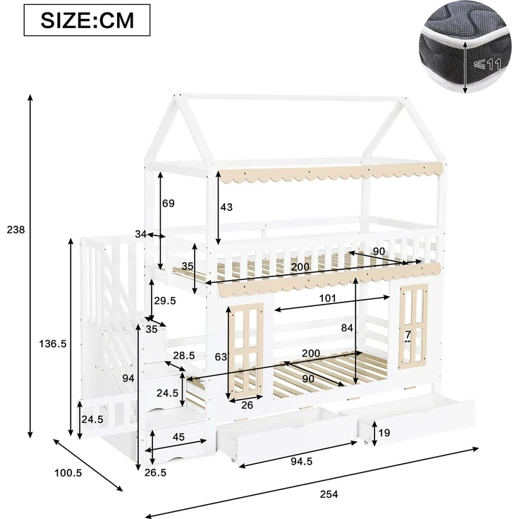 ZUBALIYA Etagenbett, Kinderbett, Hausform, Seitlicher Stauraumschrank mit Leiter, 2 Schubladen, Dekorative Holzfenster und Zierleisten, Kiefer+MDF, Weiß+Natur, 90x200 cm, Natur / Weiß – Bild 8
