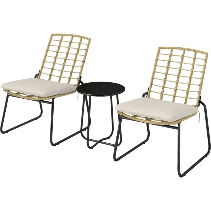 Flieks Gartenmöbel Set 3-tlg mit 2 stapelbar Stühle, Beistelltisch & Kissen, wetterfeste Rattan Lounge, Balkonmöbel Set für 2 Personen, Braun – Bild 1