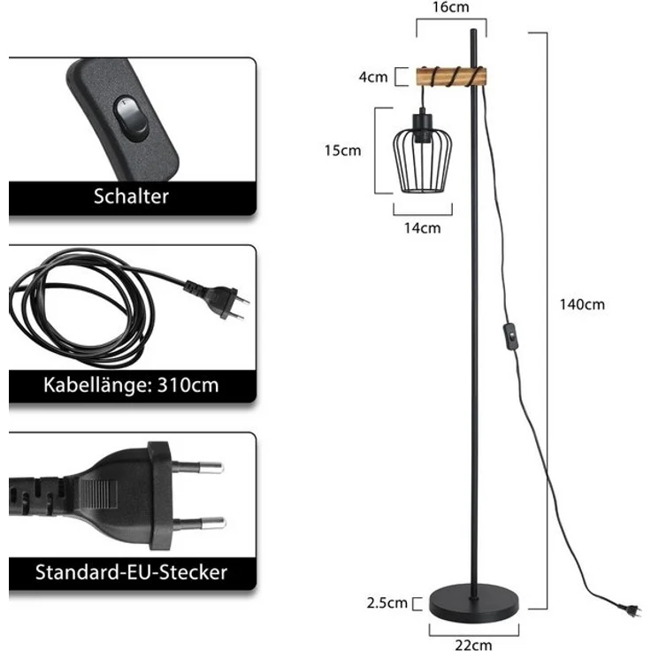 Nettlife Stehlampe Wohnzimmer Holz E27 Stehleuchte Vintage Schwarz Metall 152cm, mit Kippschalter, LED wechselbar, für Wohnzimmer, Schlafzimmer, Arbeitszimmer, Esszimmer – Bild 4