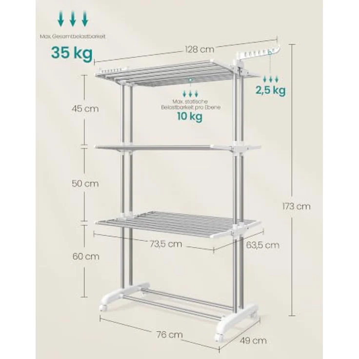 SONGMICS Wäscheständer, Standtrockner 4 Ebenen, Flügelwäscheständer, klappbare Flügel, mit Rollen, 63,5 x 128 x 173 cm, groß, einfacher Aufbau,Silbergrau-wolkenweiß LLR701EW01 – Bild 6
