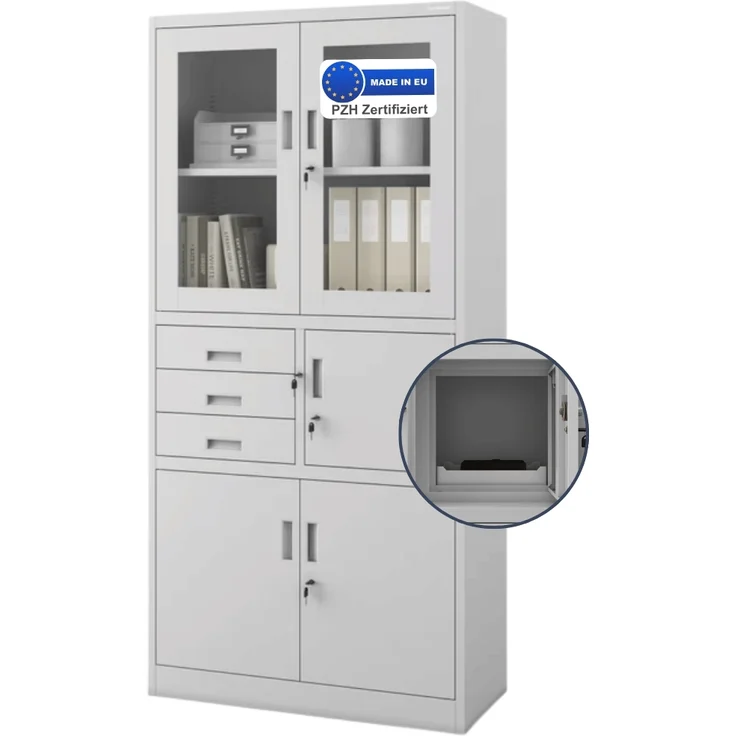 Vitrinenschrank abschließbar GEDO - mit Tresor & Schubladen| Büroschrank aus Stahl Aktenschrank mit Glasfenster Metallschrank Mehrzweckschrank, 185x90x40cm Grau – Bild 1