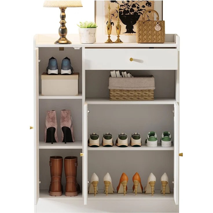 Rattan Schuhschrank / Aufbewahrungsschrank mit Stauraum, 1 Schublade, 3 Türen mit verstellbaren Regalen, für Eingangsbereich, Esszimmer und Flur, Weiß + Holz, Maße: 90 x 35 x 110 cm--Weiß+Natur--90x35x110cm--YOUDENOVA – Bild 8