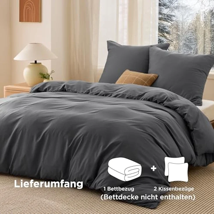 BEDSURE Bettwäsche 155x220 3teilig Anthrazit - Bettwäsche Grau 1 Bettbezug 155x220 cm + 2 Kissenbezüge 80X80 cm, ÖKO-TEX Bettwäsche-Sets Polyester Mikrofaser mit Reißverschluss – Bild 5