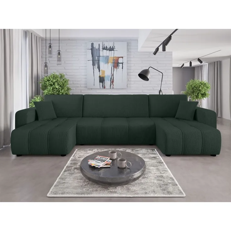 Wohnlandschaft mit Schlaffunktion DAGNY Sofa U-Form in Stoff Poso Grün