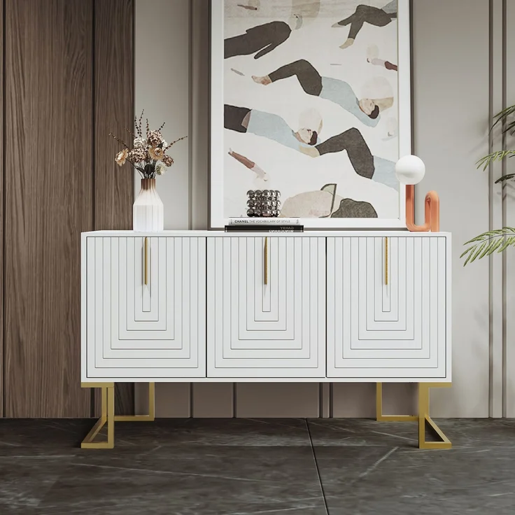 Merax Modernes 3-türiges Sideboard mit verstellbaren Regalen, U-förmigen Schranktüren und Metallgriffen und Sockel für Esszimmer und Küche (Weiß) – Bild 1