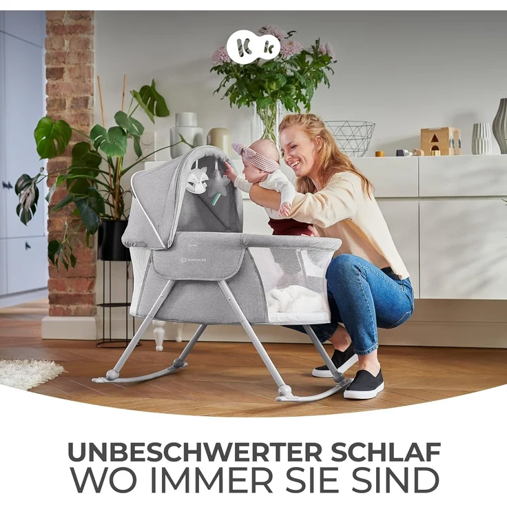 Kinderkraft Kinderbett 3 in 1 LOVI, Kinderreisebett, Stubenwagen, Babywiege, Baby Wippe, Zusammenklappbar, Einfach Transport, mit Zubehör, Tasche, Moskitonetz,von Geburt bis 9 kg, Grau – Bild 3