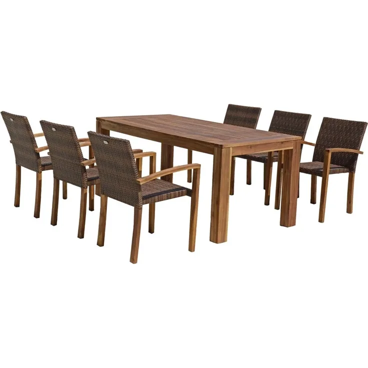 Tischgruppe Topeka aus Kunststoffgeflecht / Akazie, brushed oiled