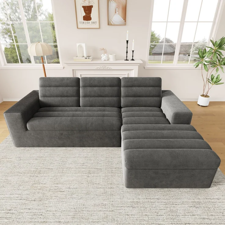 Ecksofa 253 x 161 x 89 cm in Dunkelgrau, modulares Cordsofa mit Hocker, rahmenloser Schaumstoffpolsterung – Bild 3