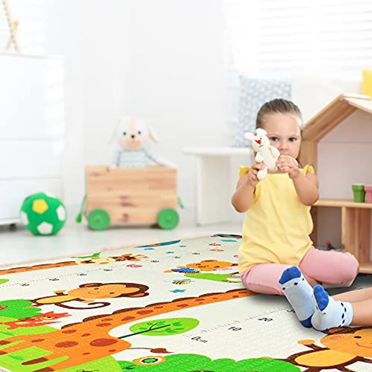 Krabbelmatte Spielmatte Baby Schadstofffrei 198 x 178 x 1 cm Faltbar Spielunterlage Spielteppich Groß Rutschfest Beidseitig Tragbar Wasserdicht für Innen Außen Bunt - Zahlen & Tiere - 5A – Bild 3