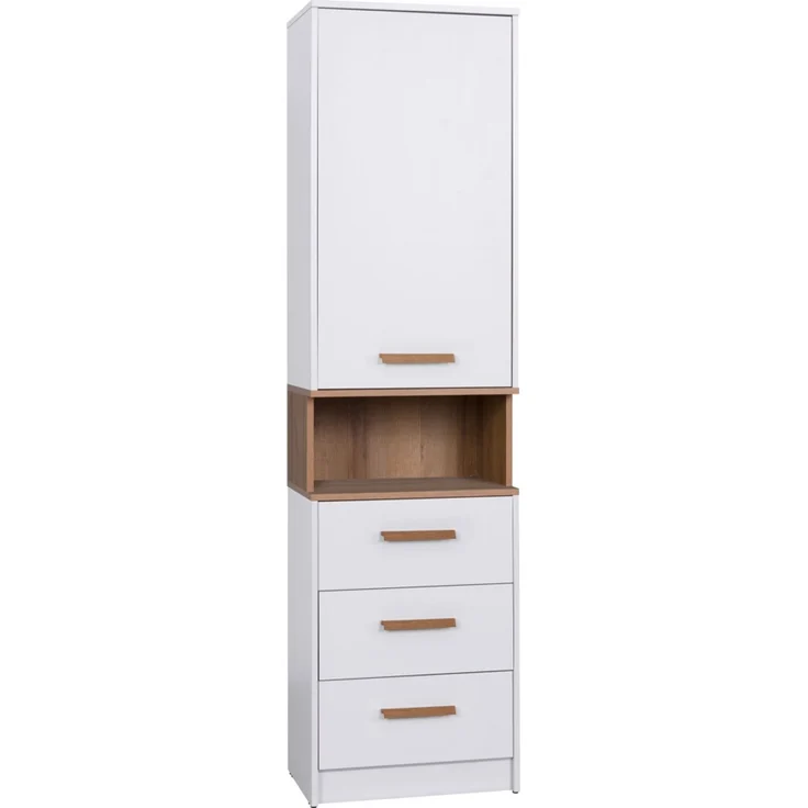 Marmex Möbel Grant 06N Standregal mit Türen geschlossen und Schubladen, laminierte Spanplatte, weiß+riviera Eiche, 52x195x40 cm – Bild 1