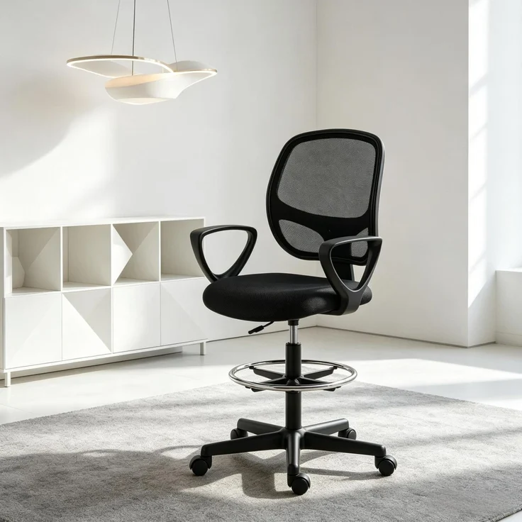 Bürostuhl mit Netzrücken, Fußring & höhenverstellbarem Sitz, 59x58x103-123 cm, Schwarz – Bild 4