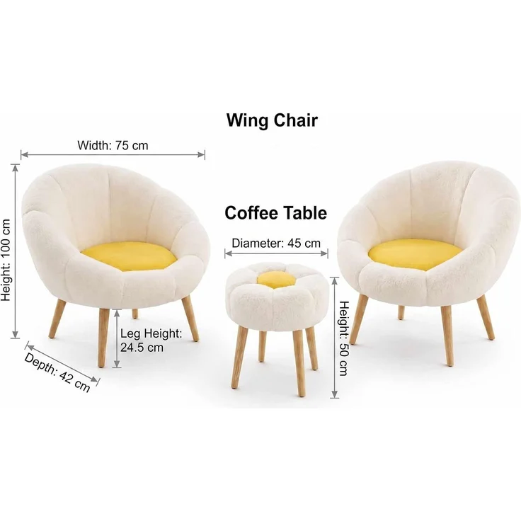 Hanah Home Elegantes Ohrensessel- und Pouf-Set (3-teilig), Weiß & Gelb, 100% Wellssoft-Stoff, 18 mm Melaminplatte | Perfekt für Moderne Wohnzimmer und gemütliche Räume – Bild 3