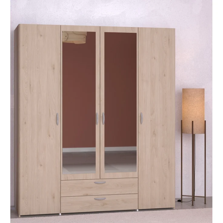 Kleiderschrank >Daily 13< 5 Böden, 2 Stangen, 2 Schübe, Eiche Dekor/Spiegel - 160x185x51cm BxHxT – Bild 4
