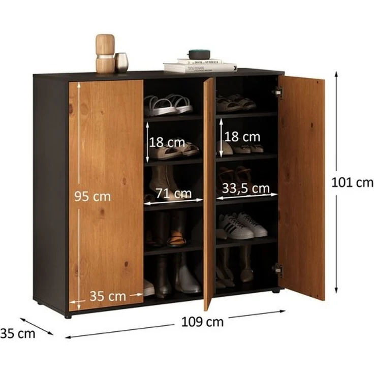 IDIMEX Schuhschrank MIRAN Schuhkommode platzsparend mit 3 Türen Schwarz/Eiche Finish – Bild 4