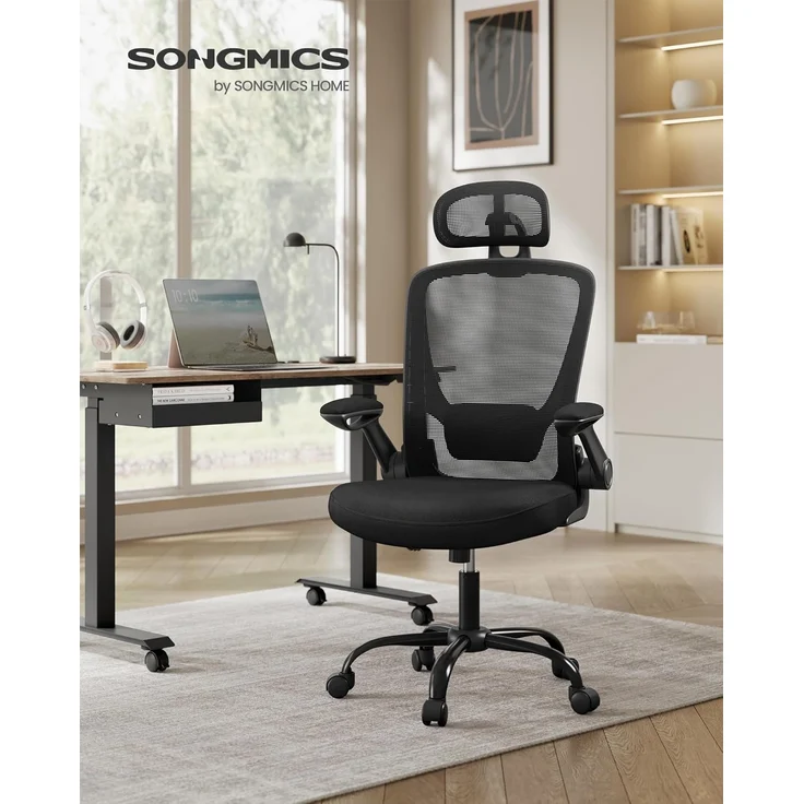 SONGMICS Bürostuhl ergonomisch, Schreibtischstuhl, Drehstuhl mit Mesh, gepolsterte Lendenstütze, Wippfunktion, 53 cm große Sitzfläche, klappbare Armlehnen, Kopfstütze, tintenschwarz OBN047B01 – Bild 2