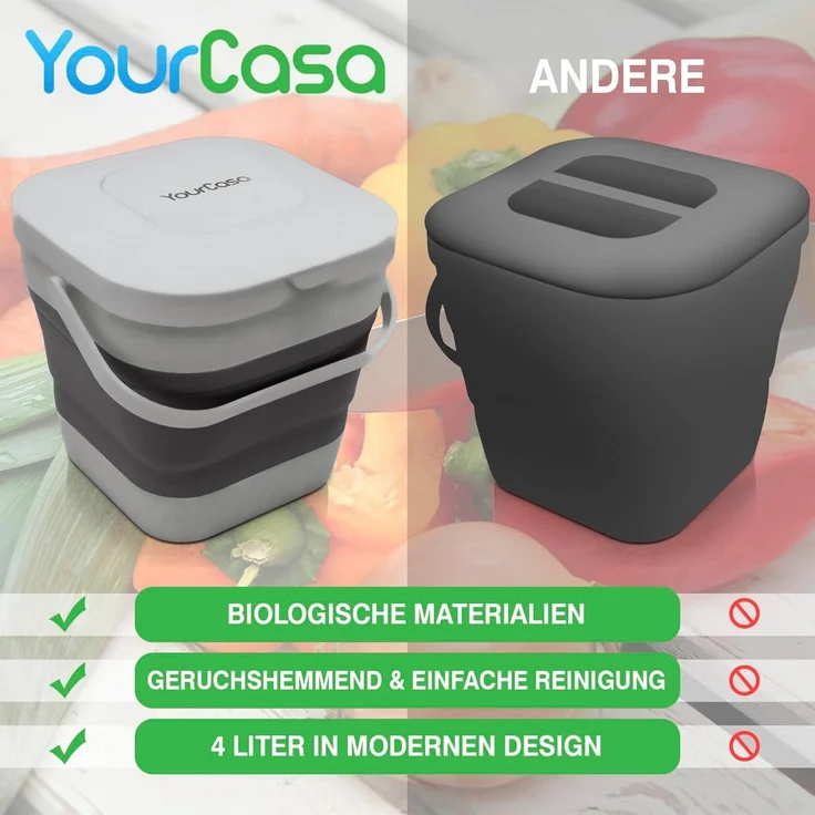 YourCasa Biomülleimer YourCasa® Biomülleimer Küche klein 4L nachhaltig mit Akivkohlefilter, Fassungsvermögen 4L, nachhaltige Materialien – Bild 8
