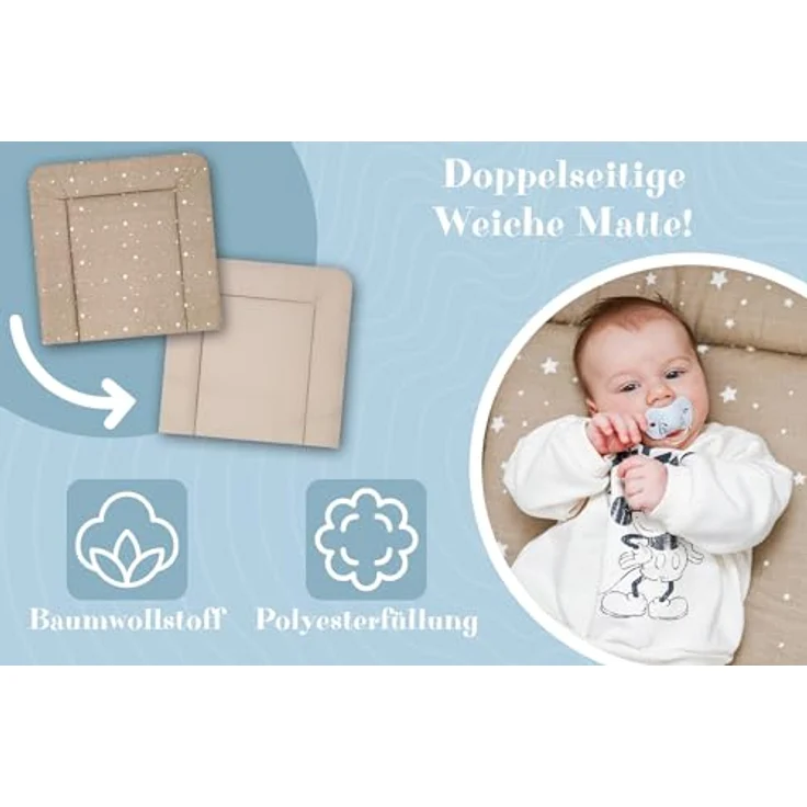 Wickelauflage Wickelunterlage aus Baumwolle 75x72 cm - Weich und waschbar Wickelunterlage für Babys Wickelmatte aus Stoff für Wickeltisch Wickelkommode oder Waschmaschine 75x72 Beige mit Weiß Sternen – Bild 5