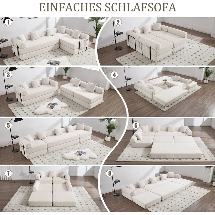 LVHOM Schlafsofa 5-Sitzer, Klappsofa mit Schlaffunktion, Bodensofa mit Seitentaschen, Ecksofa aus Cordstoff, frei Kombinierbar, Beige – Bild 3