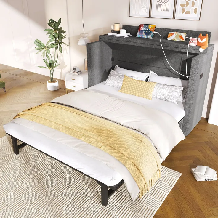 Bett 140x200 cm aus Leinen mit Schublade und USB- und Type-C-Anschlüssen – platzsparendes Schrankbett