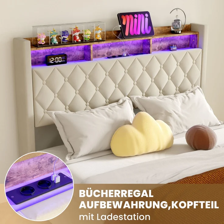 Luxuriöses Polsterbett 160x200 cm, Beige Samt, hochelastische Polsterung, Lattenrost & Matratze inkl. – Bild 6
