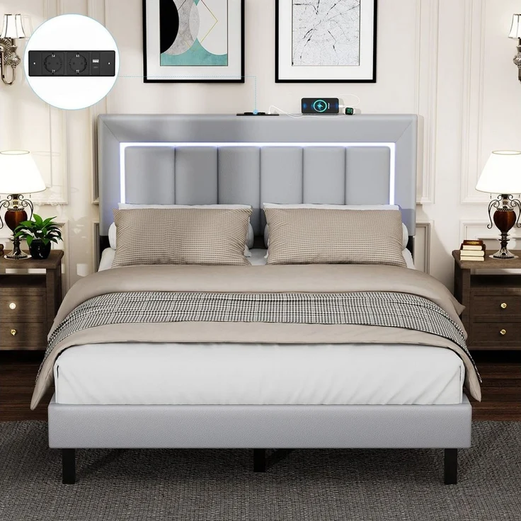 oyajia Polsterbett Bettgestell mit Kopfteil, Lichtleiste (Polsterbett mit Lattenrost und verstellbares gepolstertes Kopfteil), Modernes Jugendbett, Leises Design, Einfach zu montieren und stabil – Bild 3