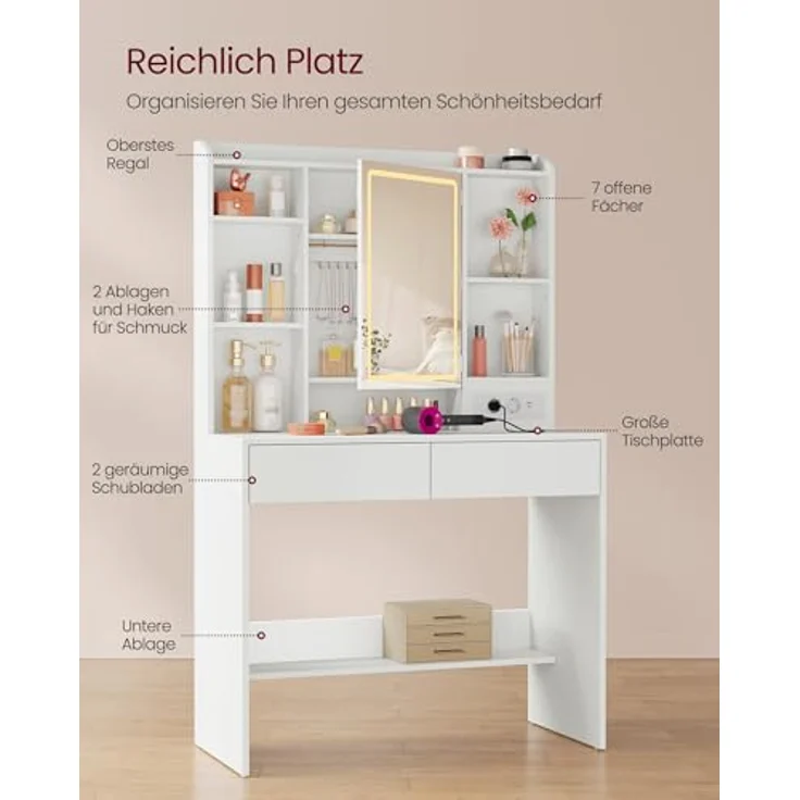 VASAGLE Schminktisch mit Beleuchtung und Hocker Set | Kosmetiktisch mit Spiegel und 2 Schubladen, Steckdosen, Gepolsterter Hocker, für Schlafzimmer, Weiß RDT143WB01-01 – Bild 4